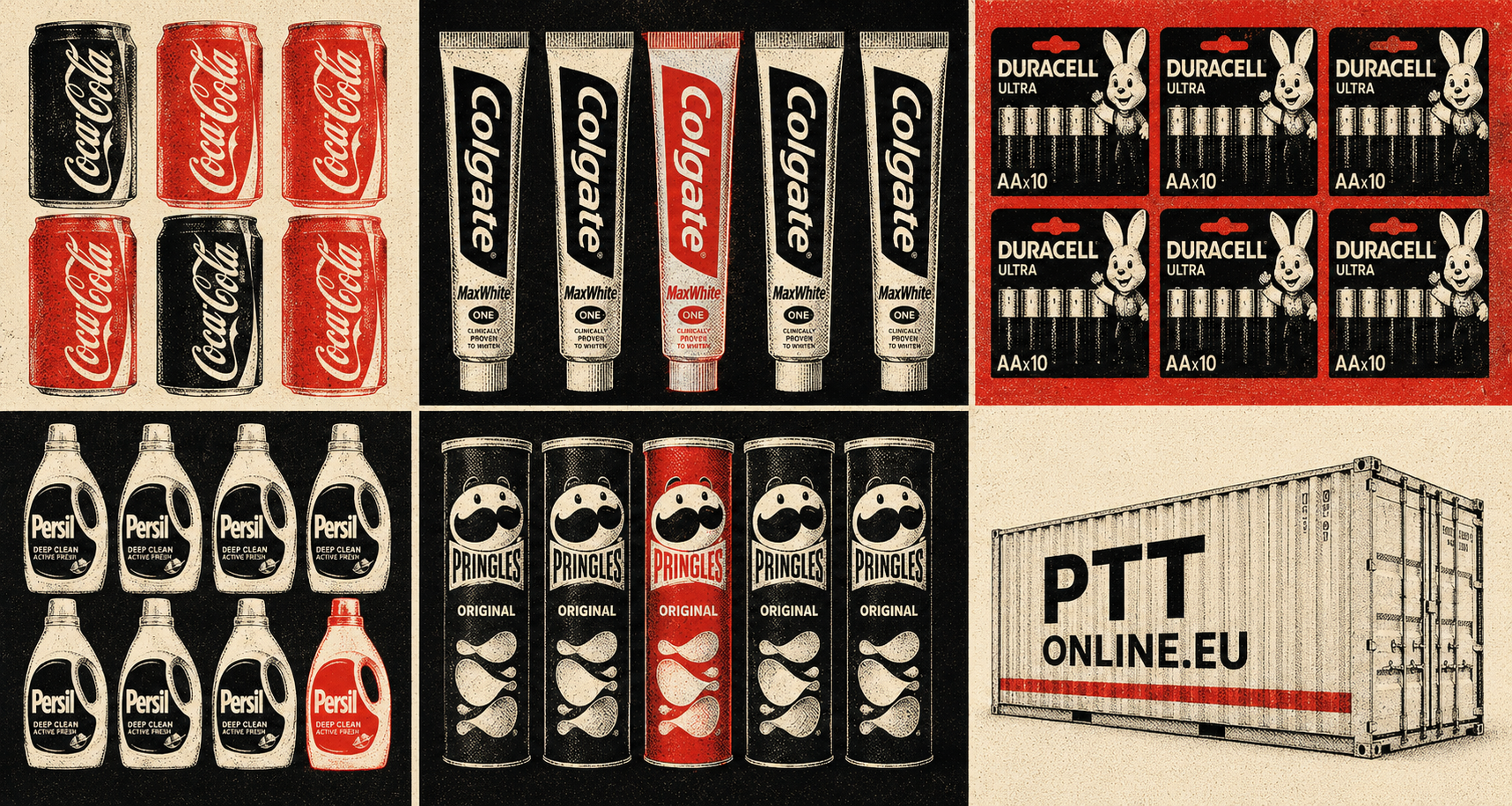 An illustrated grid of consumer brands we move — Coca-Cola, Colgate, Duracell, Persil, Pringles — alongside a pttonline shipping container at the dock.
